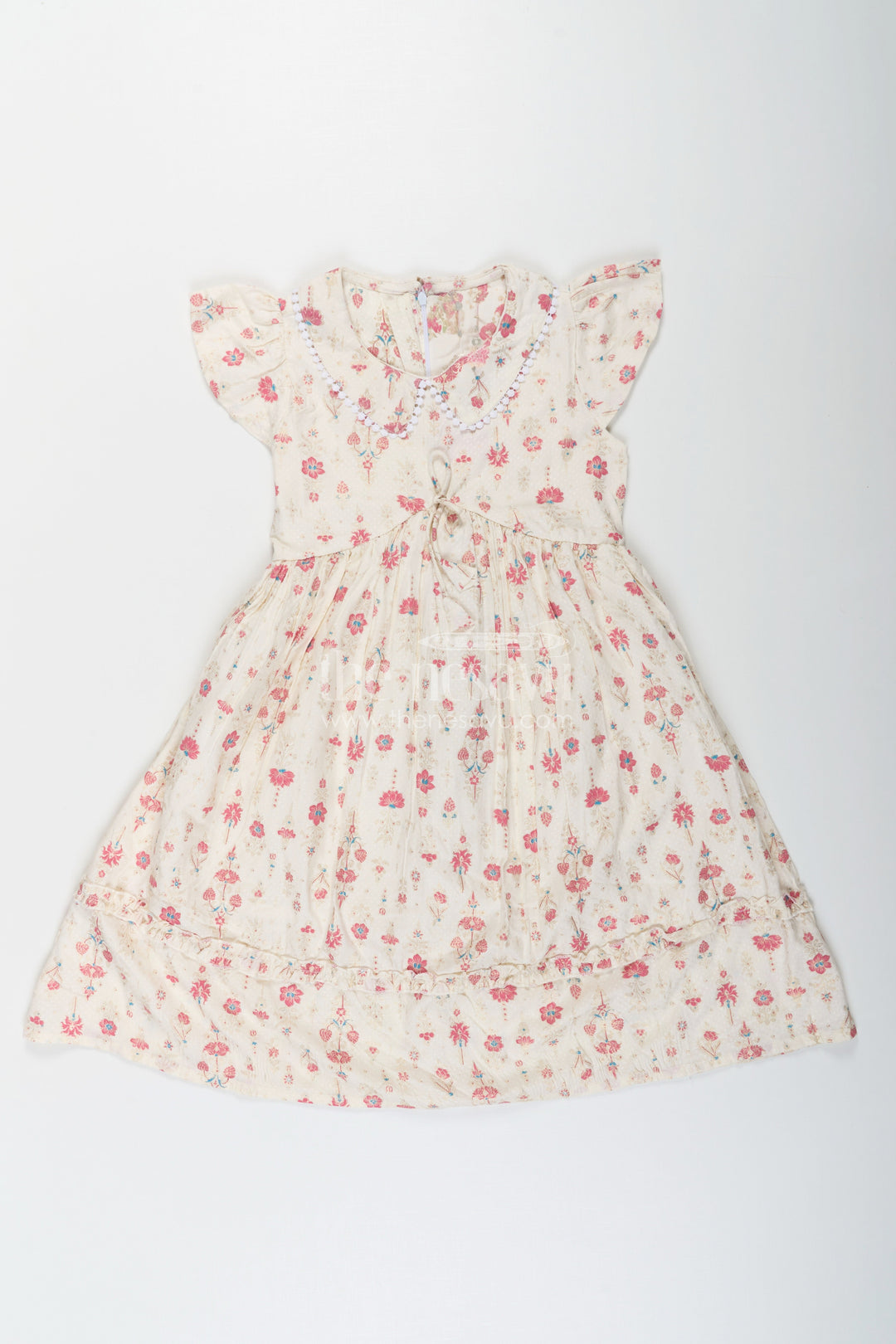 The Nesavu Girls Cotton Frock Girls Full Frock in Cream Rayon with Floral Digital Print and Ruffled Sleeves for Comfortable Wear Nesavu 26 (6Y) / Half white GFC1719A-26 Girls Full Frock Cream Rayon Floral Digital Print Flutter Sleeves | The Nesavu