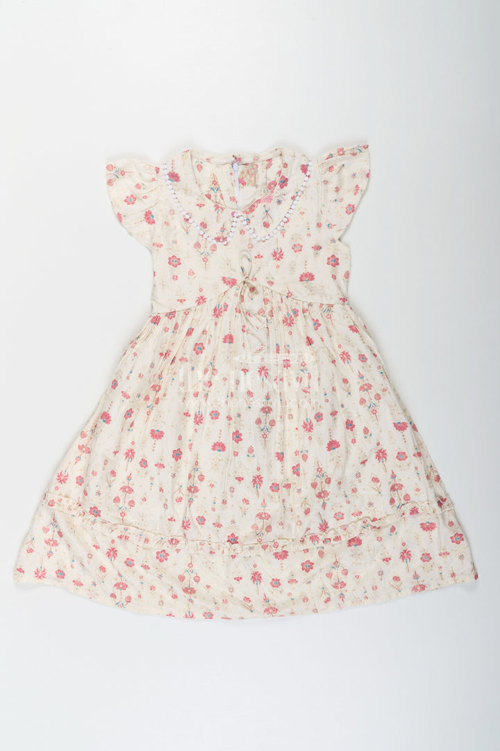 The Nesavu Girls Cotton Frock Girls Full Frock in Cream Rayon with Floral Digital Print and Ruffled Sleeves for Comfortable Wear Nesavu 26 (6Y) / Half white GFC1719A-26 Girls Full Frock Cream Rayon Floral Digital Print Flutter Sleeves | The Nesavu