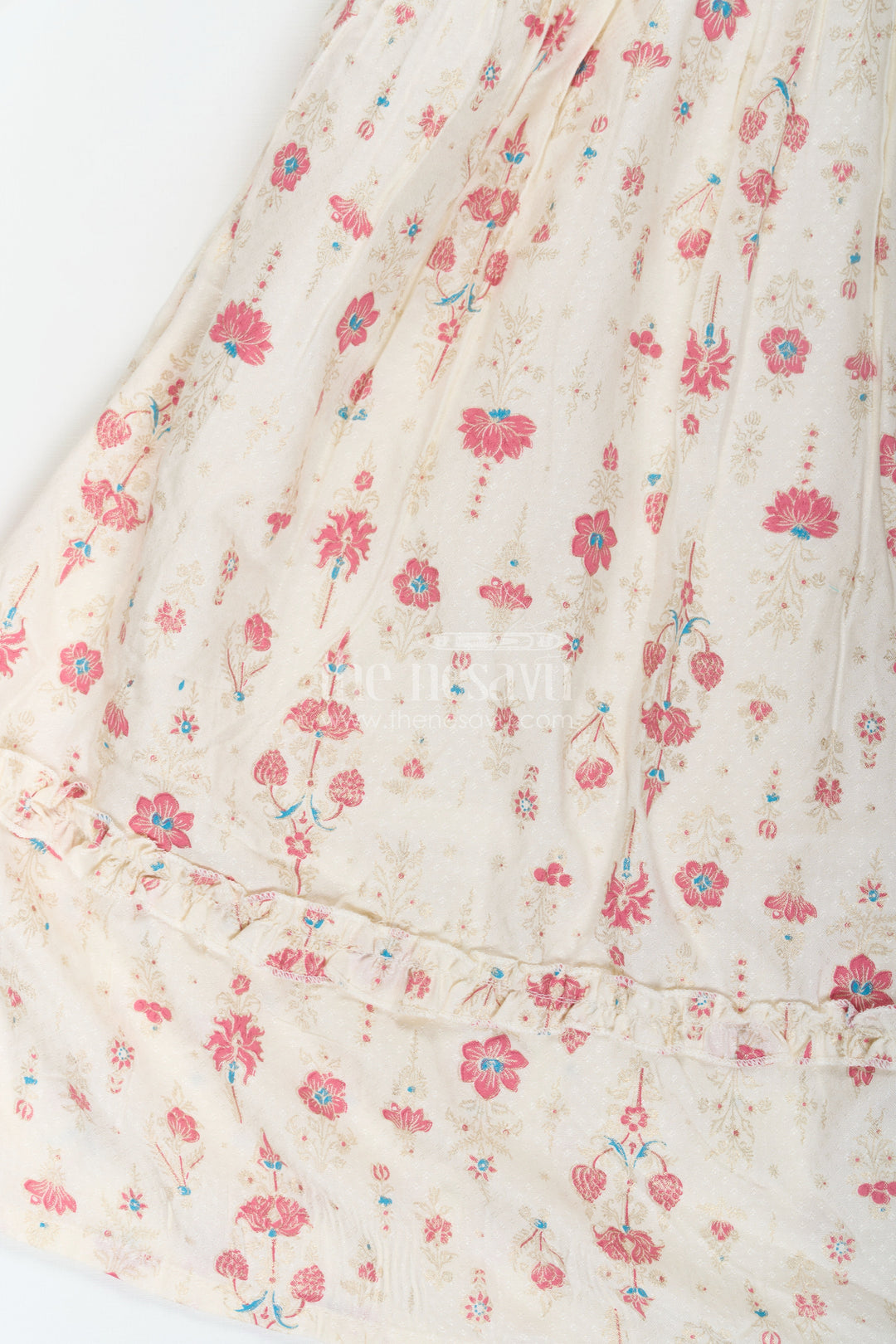 The Nesavu Girls Cotton Frock Girls Full Frock in Cream Rayon with Floral Digital Print and Ruffled Sleeves for Comfortable Wear Nesavu Girls Full Frock Cream Rayon Floral Digital Print Flutter Sleeves | The Nesavu