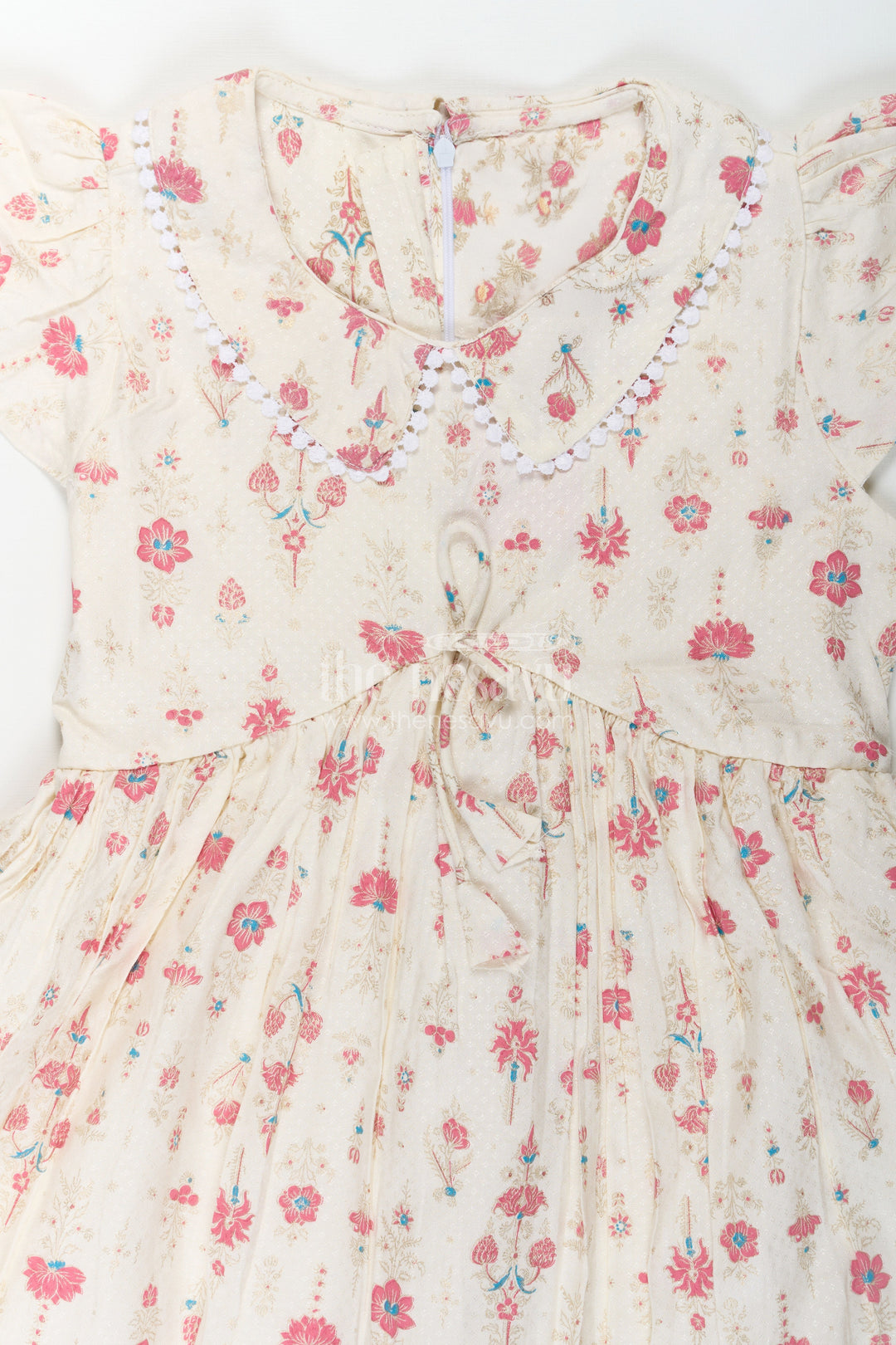 The Nesavu Girls Cotton Frock Girls Full Frock in Cream Rayon with Floral Digital Print and Ruffled Sleeves for Comfortable Wear Nesavu Girls Full Frock Cream Rayon Floral Digital Print Flutter Sleeves | The Nesavu