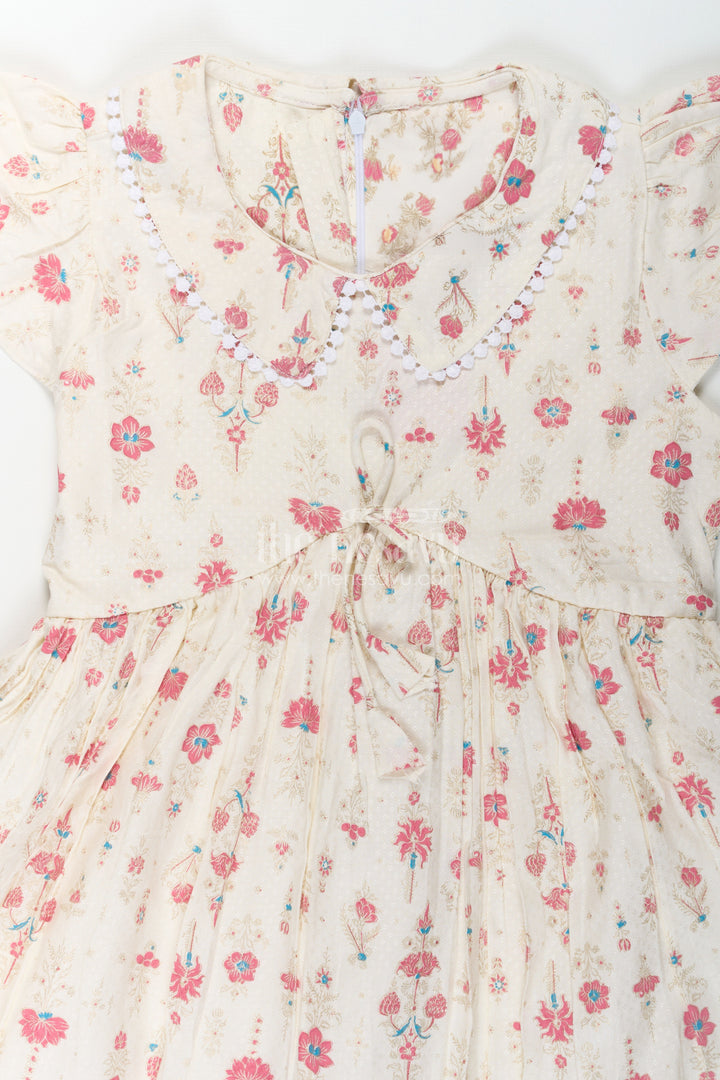 The Nesavu Girls Cotton Frock Girls Full Frock in Cream Rayon with Floral Digital Print and Ruffled Sleeves for Comfortable Wear Nesavu Girls Full Frock Cream Rayon Floral Digital Print Flutter Sleeves | The Nesavu