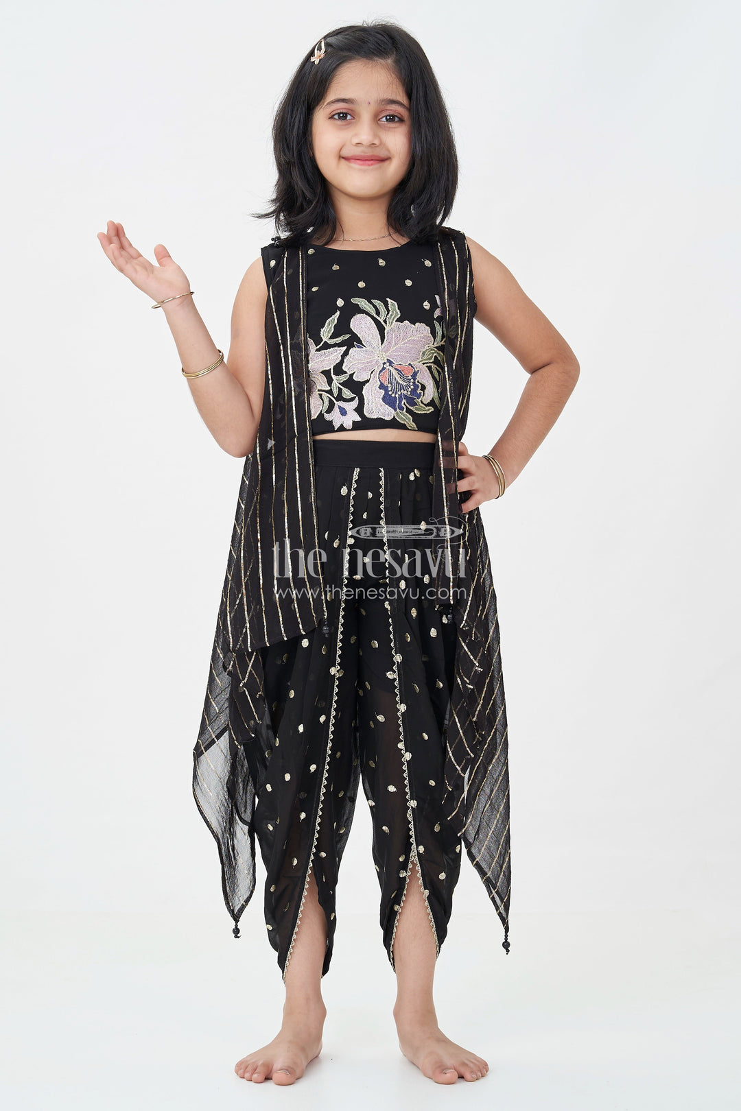 The Nesavu Girls Dothi Sets Girls Georgette Dhoti Plazo Design with Black Embroidered Yoke Top and Mirror Work Dupatta Nesavu 18 (2Y) / Black GPS622A-18 Girls Dhoti Plazo Design Black Georgette Embroidered Crop Top Mirror Dupatta | The Nesavu