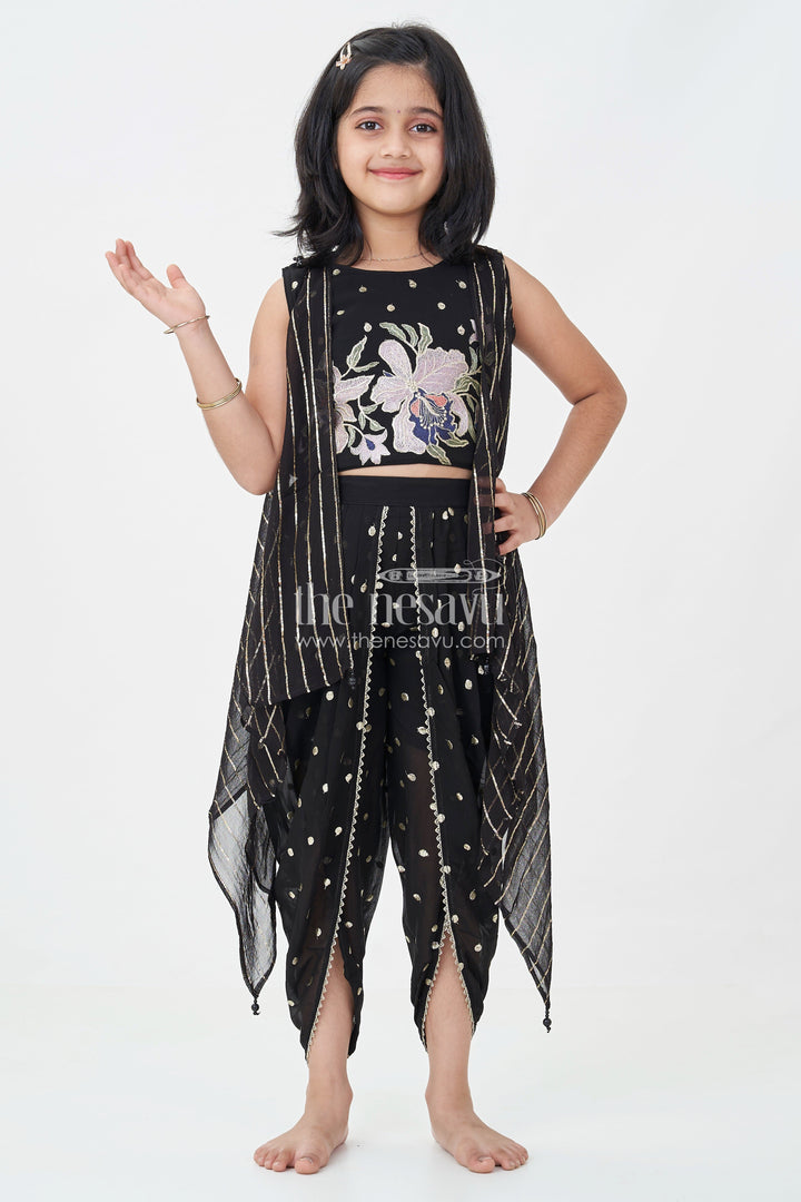 The Nesavu Girls Dothi Sets Girls Georgette Dhoti Plazo Design with Black Embroidered Yoke Top and Mirror Work Dupatta Nesavu Girls Dhoti Plazo Design Black Georgette Embroidered Crop Top Mirror Dupatta | The Nesavu