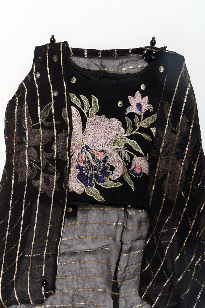 The Nesavu Girls Dothi Sets Girls Georgette Dhoti Plazo Design with Black Embroidered Yoke Top and Mirror Work Dupatta Nesavu Girls Dhoti Plazo Design Black Georgette Embroidered Crop Top Mirror Dupatta | The Nesavu