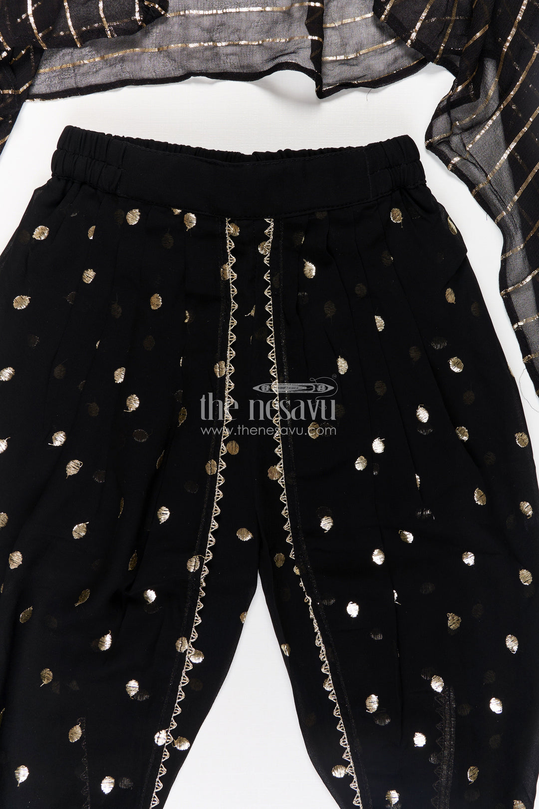 The Nesavu Girls Dothi Sets Girls Georgette Dhoti Plazo Design with Black Embroidered Yoke Top and Mirror Work Dupatta Nesavu Girls Dhoti Plazo Design Black Georgette Embroidered Crop Top Mirror Dupatta | The Nesavu