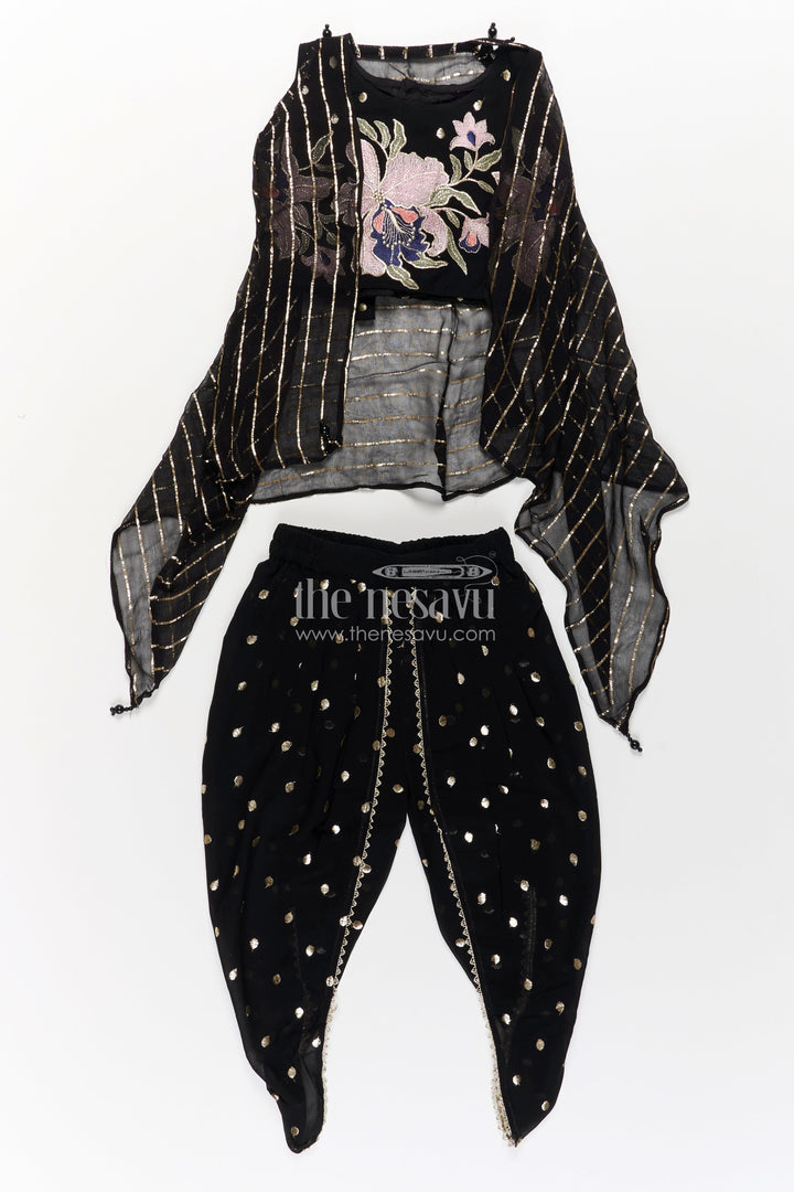 The Nesavu Girls Dothi Sets Girls Georgette Dhoti Plazo Design with Black Embroidered Yoke Top and Mirror Work Dupatta Nesavu Girls Dhoti Plazo Design Black Georgette Embroidered Crop Top Mirror Dupatta | The Nesavu