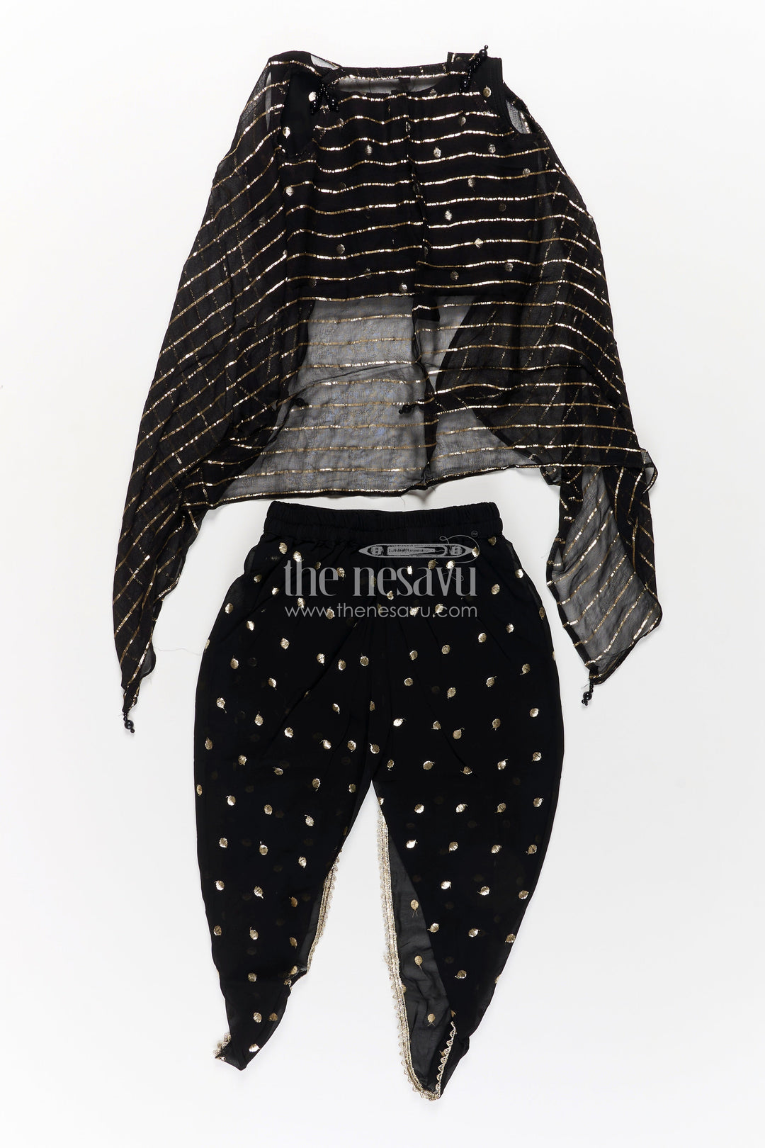 The Nesavu Girls Dothi Sets Girls Georgette Dhoti Plazo Design with Black Embroidered Yoke Top and Mirror Work Dupatta Nesavu Girls Dhoti Plazo Design Black Georgette Embroidered Crop Top Mirror Dupatta | The Nesavu