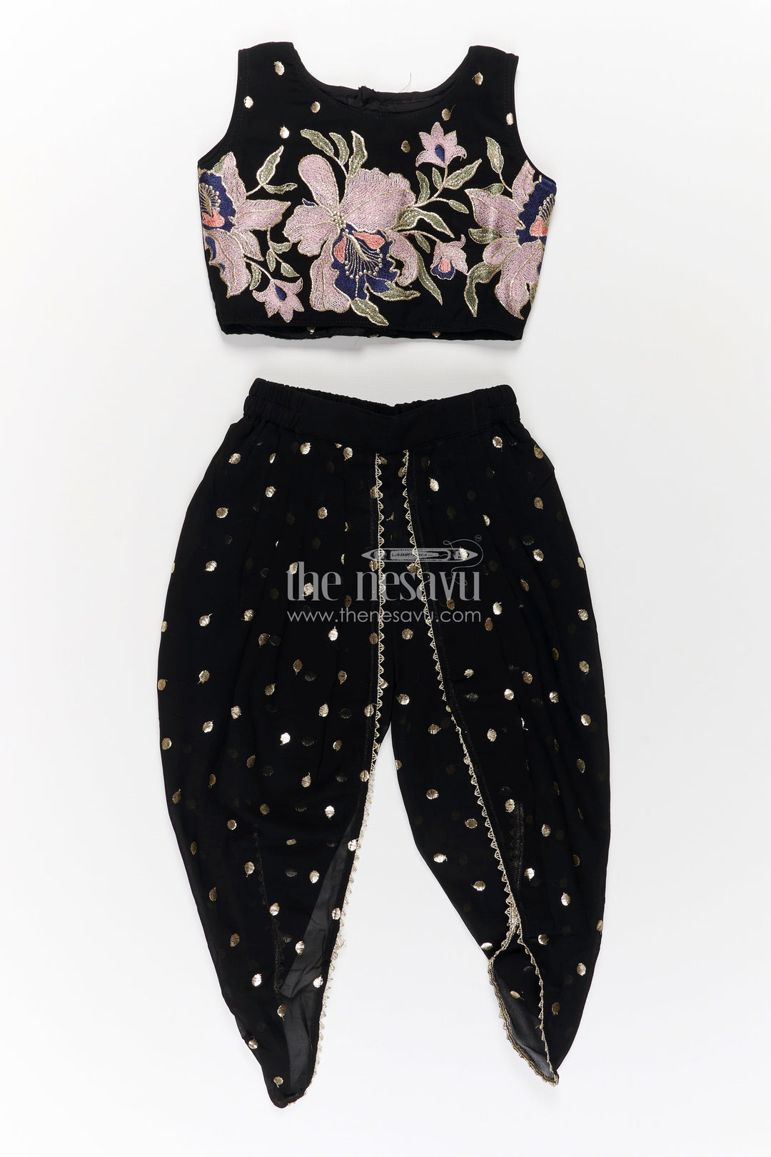 The Nesavu Girls Dothi Sets Girls Georgette Dhoti Plazo Design with Black Embroidered Yoke Top and Mirror Work Dupatta Nesavu Girls Dhoti Plazo Design Black Georgette Embroidered Crop Top Mirror Dupatta | The Nesavu