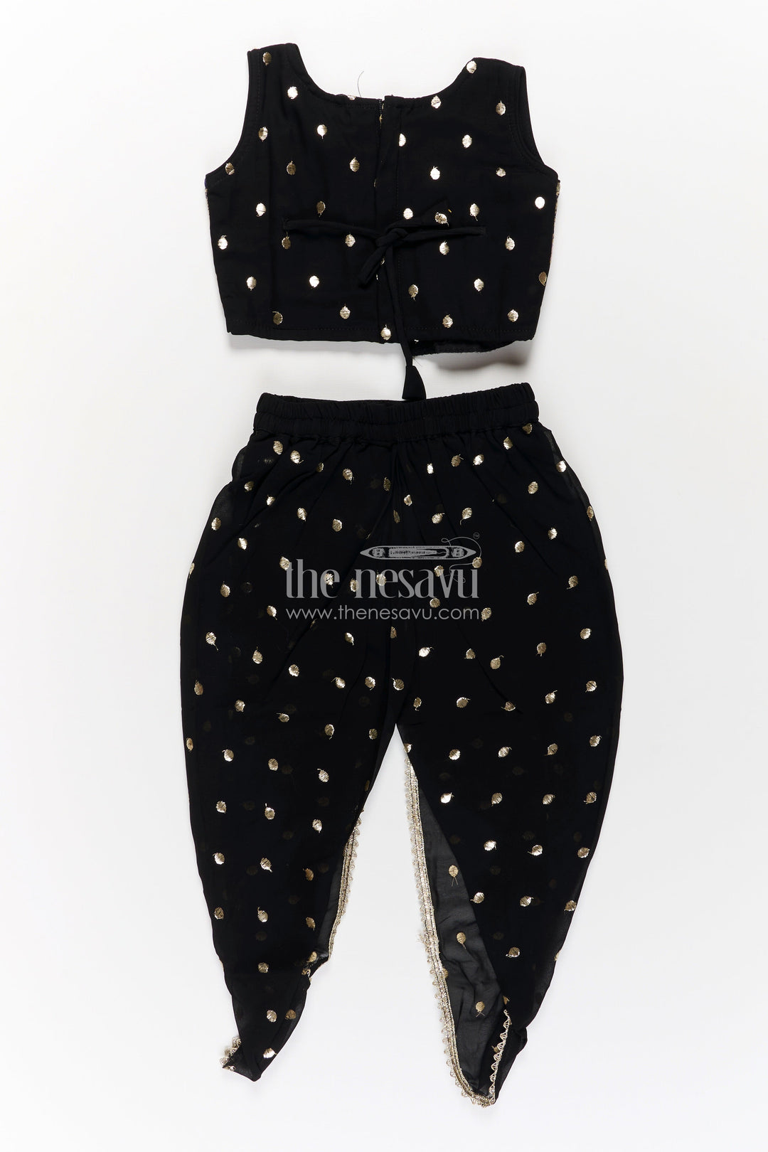 The Nesavu Girls Dothi Sets Girls Georgette Dhoti Plazo Design with Black Embroidered Yoke Top and Mirror Work Dupatta Nesavu Girls Dhoti Plazo Design Black Georgette Embroidered Crop Top Mirror Dupatta | The Nesavu