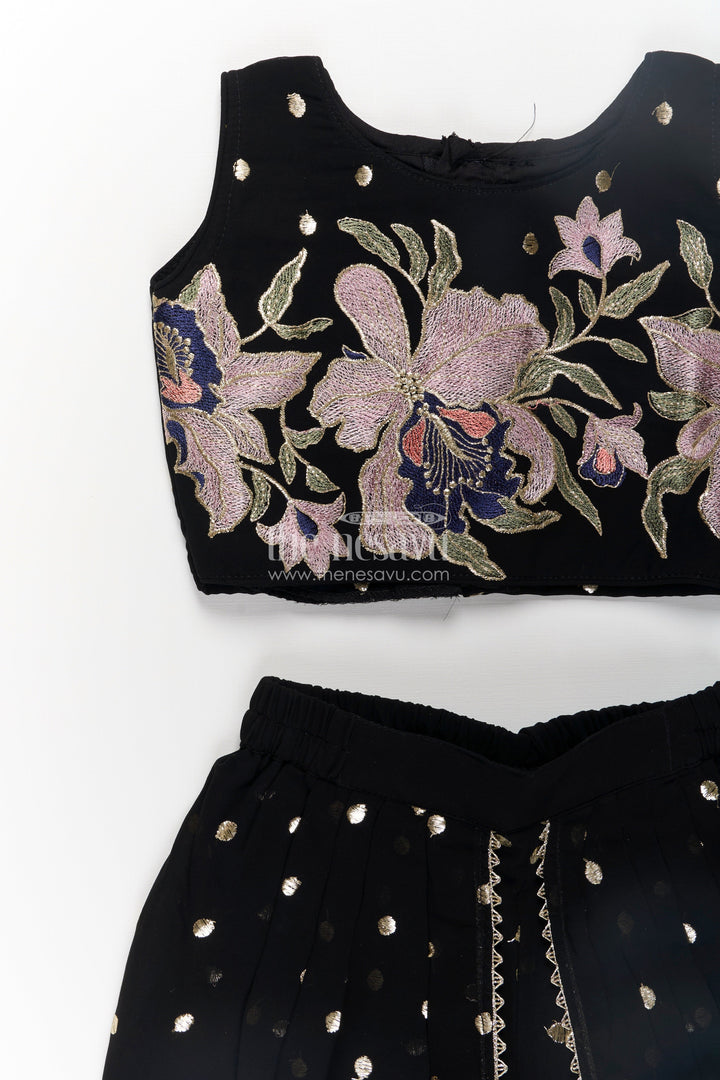 The Nesavu Girls Dothi Sets Girls Georgette Dhoti Plazo Design with Black Embroidered Yoke Top and Mirror Work Dupatta Nesavu Girls Dhoti Plazo Design Black Georgette Embroidered Crop Top Mirror Dupatta | The Nesavu