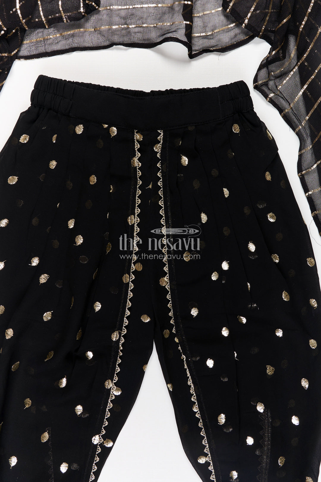 The Nesavu Girls Dothi Sets Girls Georgette Dhoti Plazo Design with Black Embroidered Yoke Top and Mirror Work Dupatta Nesavu Girls Dhoti Plazo Design Black Georgette Embroidered Crop Top Mirror Dupatta | The Nesavu