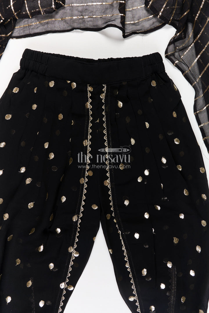 The Nesavu Girls Dothi Sets Girls Georgette Dhoti Plazo Design with Black Embroidered Yoke Top and Mirror Work Dupatta Nesavu Girls Dhoti Plazo Design Black Georgette Embroidered Crop Top Mirror Dupatta | The Nesavu