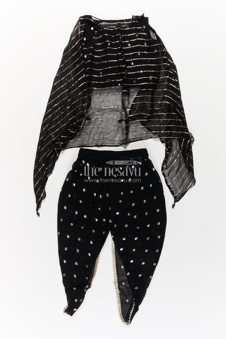 The Nesavu Girls Dothi Sets Girls Georgette Dhoti Plazo Design with Black Embroidered Yoke Top and Mirror Work Dupatta Nesavu Girls Dhoti Plazo Design Black Georgette Embroidered Crop Top Mirror Dupatta | The Nesavu