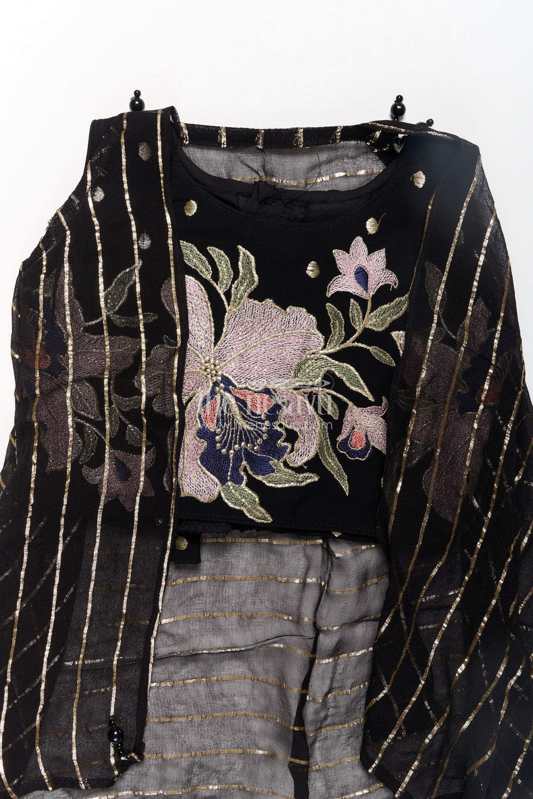 The Nesavu Girls Dothi Sets Girls Georgette Dhoti Plazo Design with Black Embroidered Yoke Top and Mirror Work Dupatta Nesavu Girls Dhoti Plazo Design Black Georgette Embroidered Crop Top Mirror Dupatta | The Nesavu