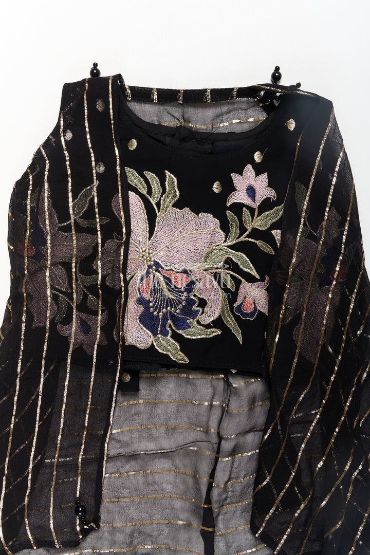 The Nesavu Girls Dothi Sets Girls Georgette Dhoti Plazo Design with Black Embroidered Yoke Top and Mirror Work Dupatta Nesavu Girls Dhoti Plazo Design Black Georgette Embroidered Crop Top Mirror Dupatta | The Nesavu