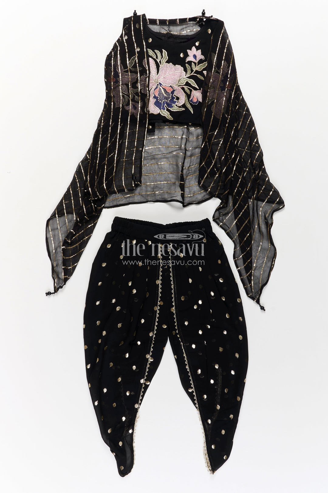 The Nesavu Girls Dothi Sets Girls Georgette Dhoti Plazo Design with Black Embroidered Yoke Top and Mirror Work Dupatta Nesavu Girls Dhoti Plazo Design Black Georgette Embroidered Crop Top Mirror Dupatta | The Nesavu