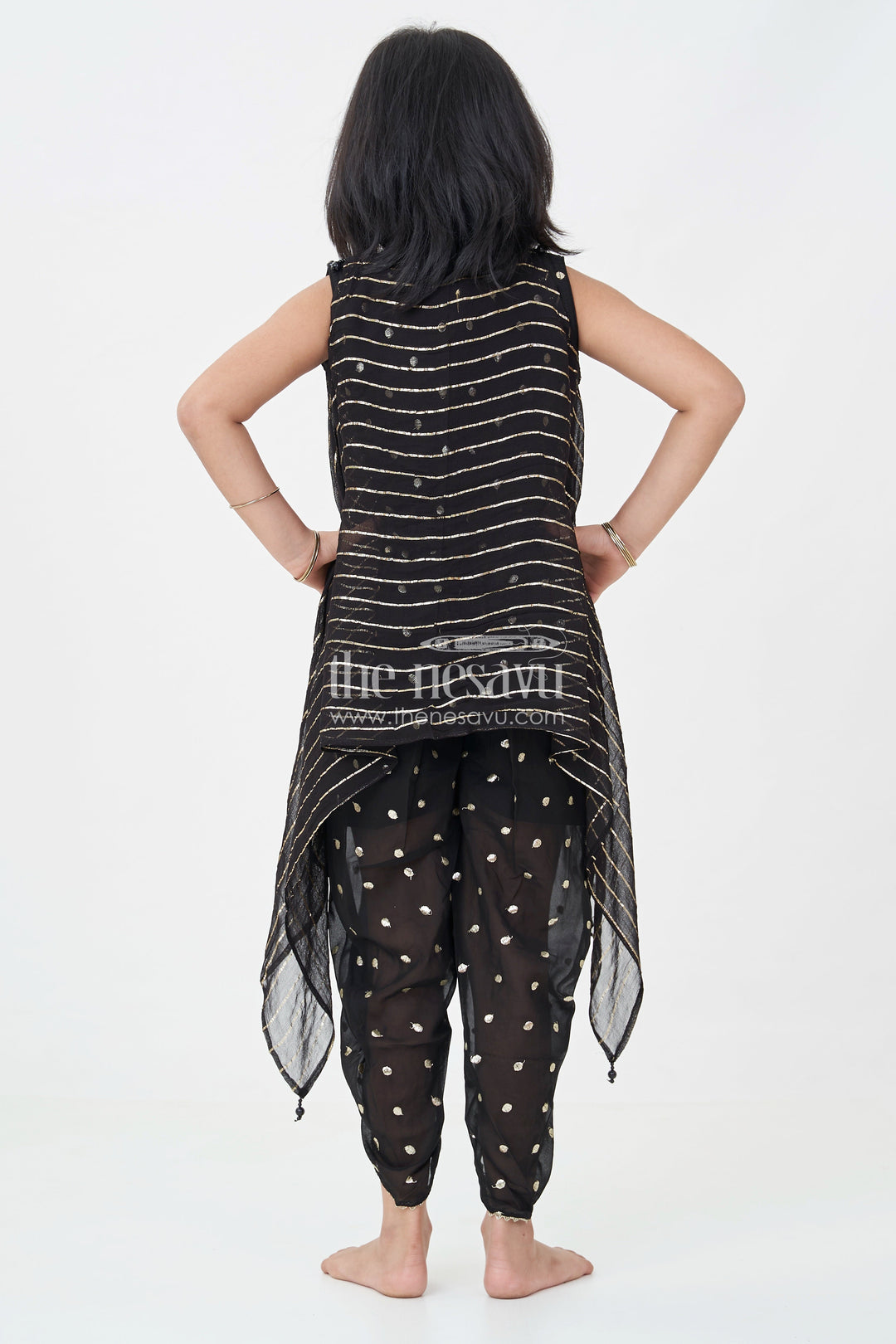 The Nesavu Girls Dothi Sets Girls Georgette Dhoti Plazo Design with Black Embroidered Yoke Top and Mirror Work Dupatta Nesavu Girls Dhoti Plazo Design Black Georgette Embroidered Crop Top Mirror Dupatta | The Nesavu