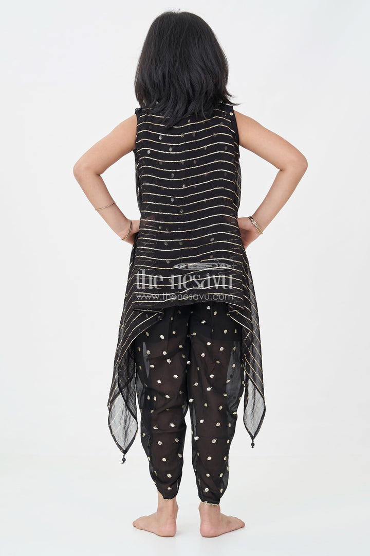 The Nesavu Girls Dothi Sets Girls Georgette Dhoti Plazo Design with Black Embroidered Yoke Top and Mirror Work Dupatta Nesavu Girls Dhoti Plazo Design Black Georgette Embroidered Crop Top Mirror Dupatta | The Nesavu