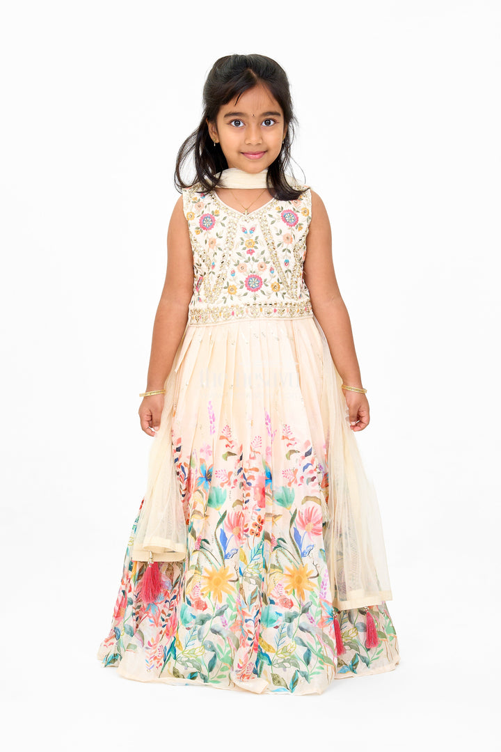 The Nesavu Girls Lehenga Choli Girls Georgette Embroidered Party Wear Lehenga with Floral Printed Skirt Nesavu 24 (5Y) / Cream GL552A-24 Nesavu Girls Party Wear Georgette Lehenga Floral Prints Embroidery