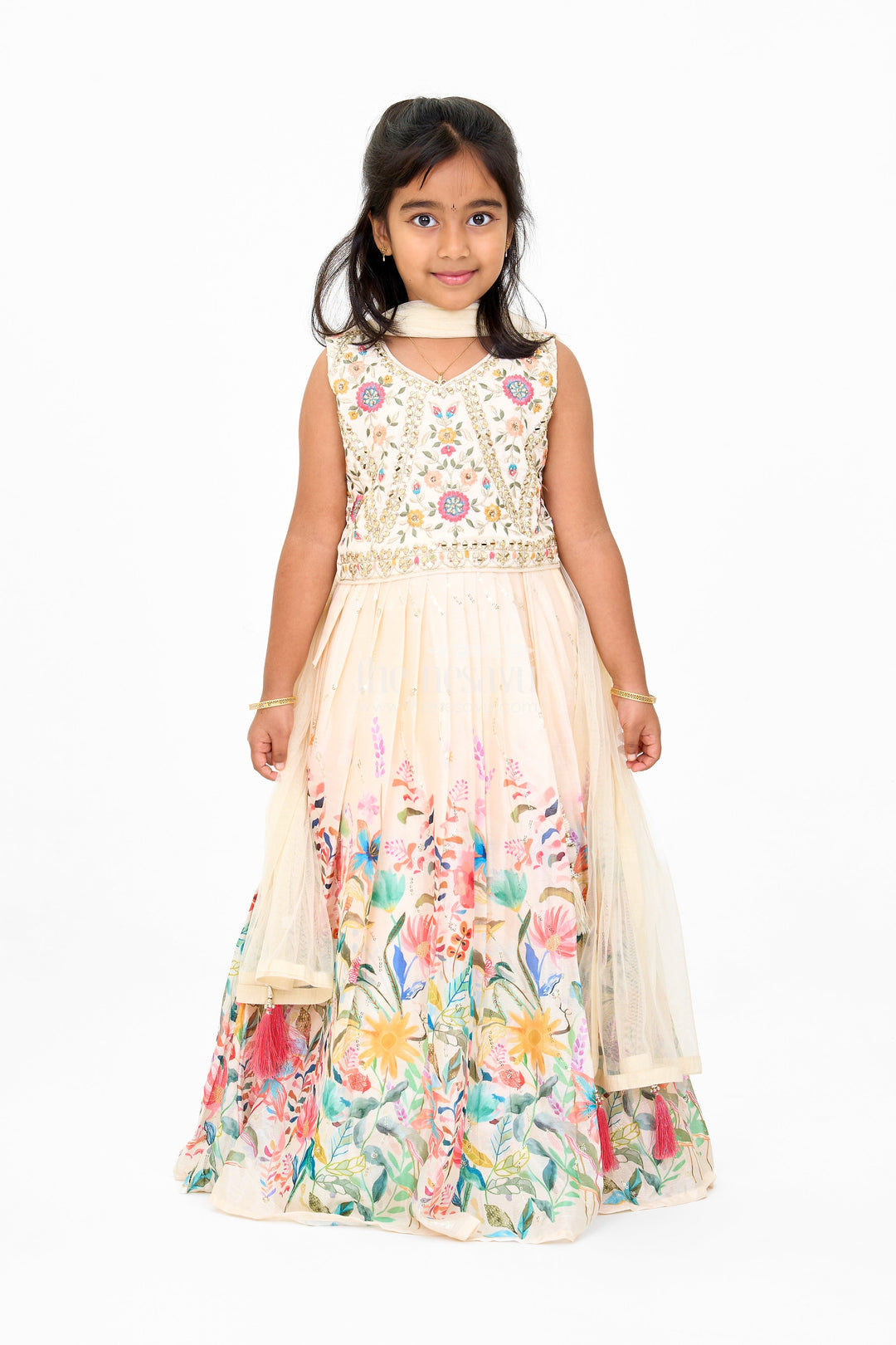 The Nesavu Girls Lehenga Choli Girls Georgette Embroidered Party Wear Lehenga with Floral Printed Skirt Nesavu 24 (5Y) / Cream GL552A-24 Nesavu Girls Party Wear Georgette Lehenga Floral Prints Embroidery