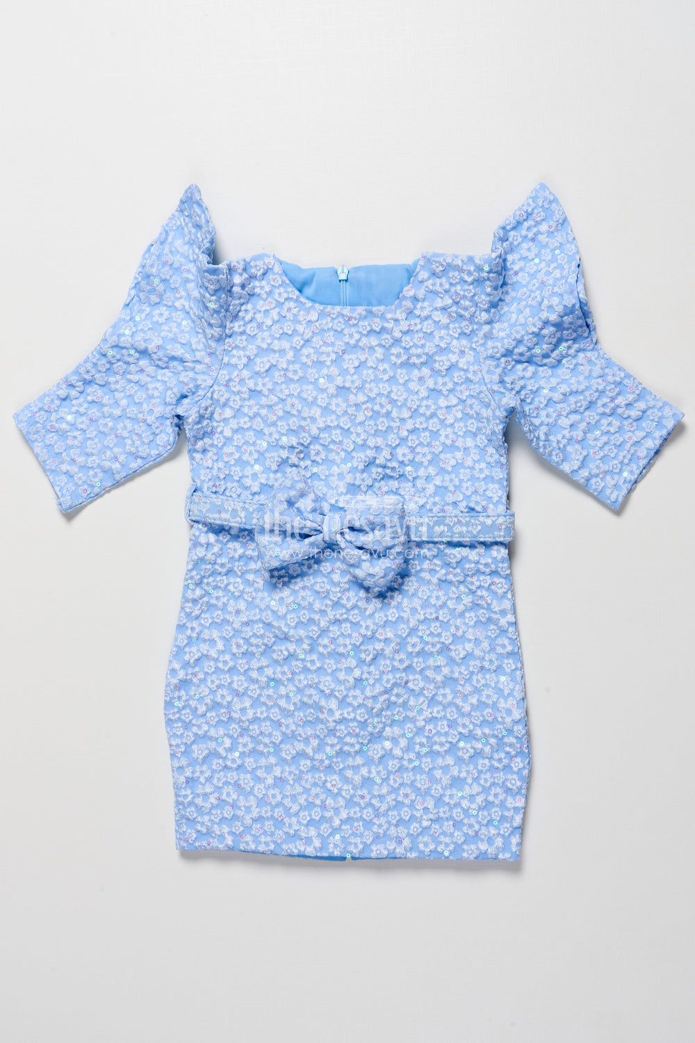 The Nesavu Girls Fancy Party Frock Girls Georgette Frock with Floral Design for Birthdays and Parties Nesavu 18 (2Y) / Blue PF277A-18 Nesavu girls georgette party frock floral embossed design birthdays festive occasions