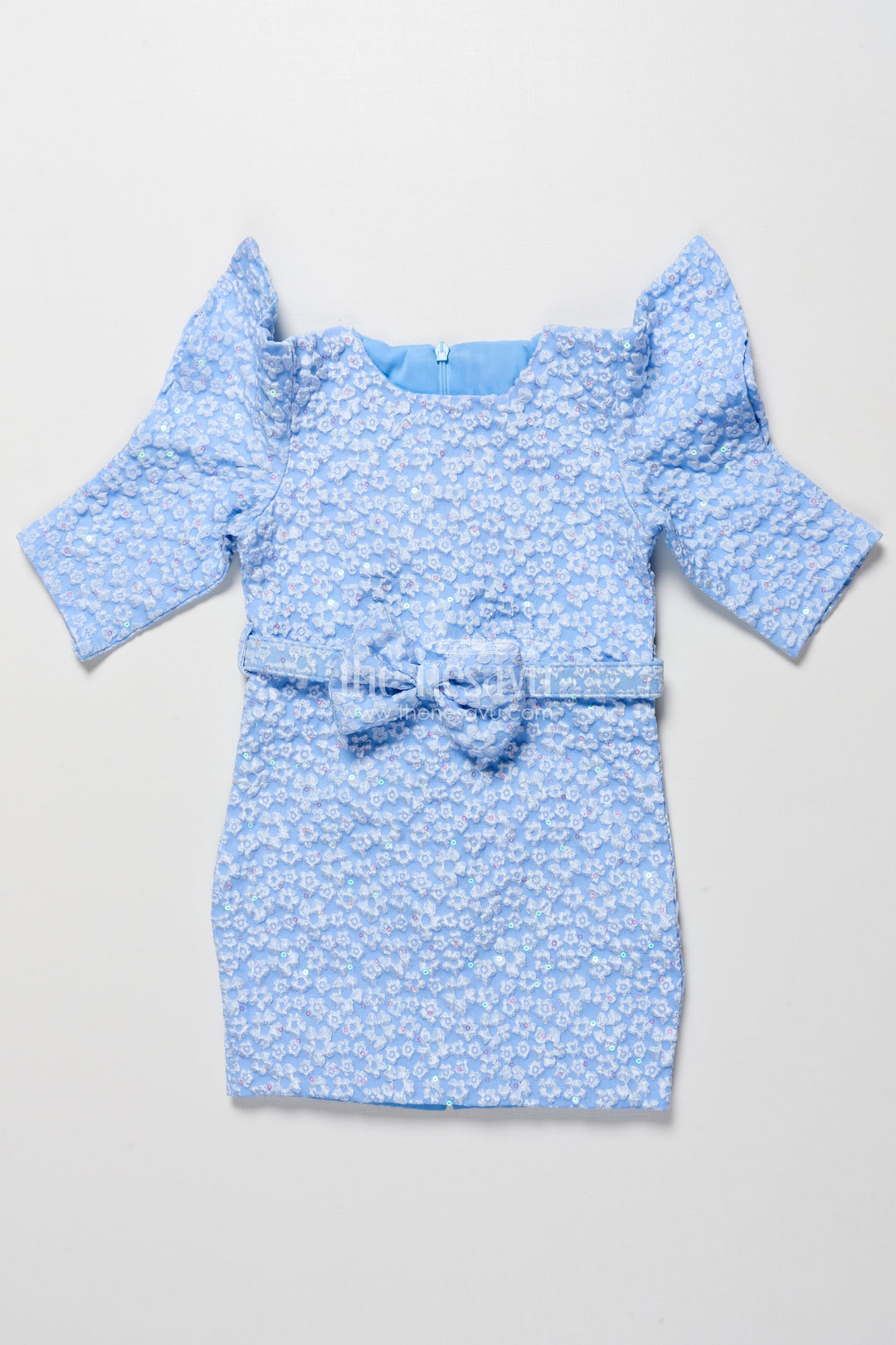 The Nesavu Girls Fancy Party Frock Girls Georgette Frock with Floral Design for Birthdays and Parties Nesavu 18 (2Y) / Blue PF277A-18 Nesavu girls georgette party frock floral embossed design birthdays festive occasions