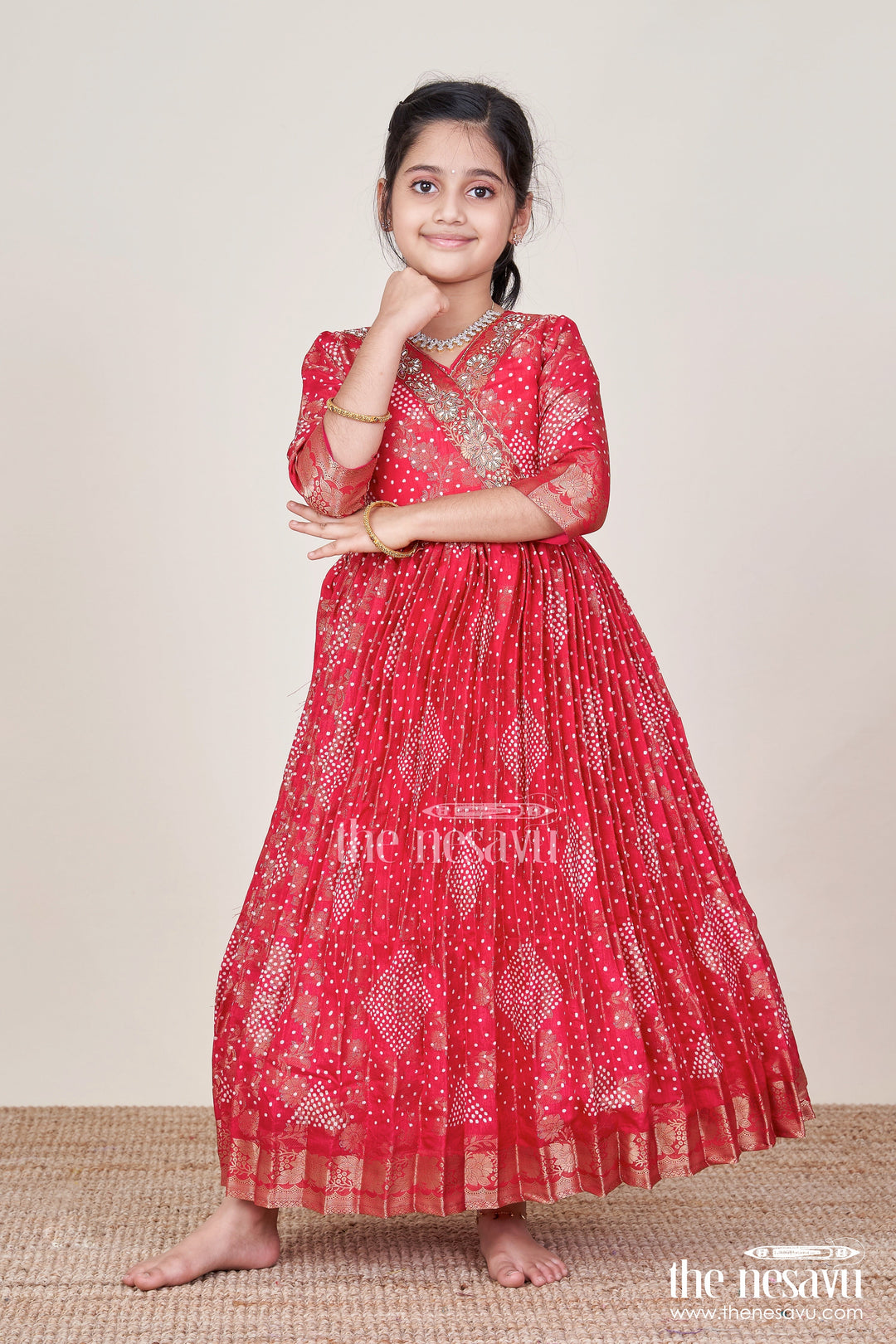 The Nesavu Girls Party Gown Girls Georgette Gown for Festive Weddings and Parties Nesavu 24 (5Y) / Red GA374B-24 Nesavu girls jacquard georgette gown weddings festive celebrations