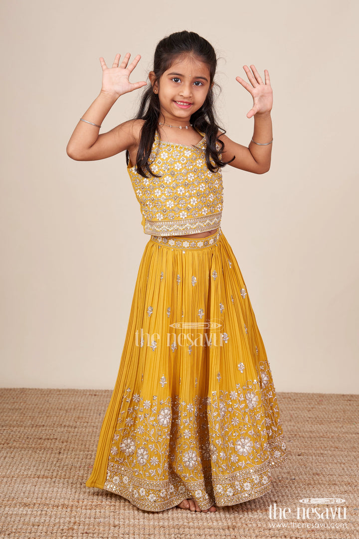 The Nesavu Girls Lehenga Choli Girls Georgette Lehenga Choli for Festive Events and Dance Programs Nesavu 18 (2Y) / Gold GL697A-18 Nesavu girls pleated georgette lehenga choli embroidery  perfect weddings dance events