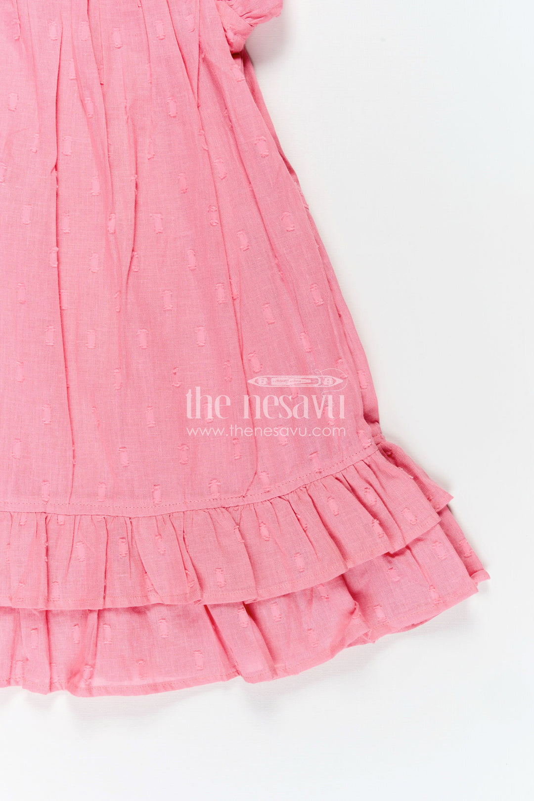 The Nesavu Girls Fancy Frock Girls Georgette Material Frock in Solid Pink with Ruffle Sleeves and Flowy Double-Layered Hem Nesavu Nesavu Pink Georgette Material Frock Ruffle Sleeves Double-Layered Flowy Hem Girls