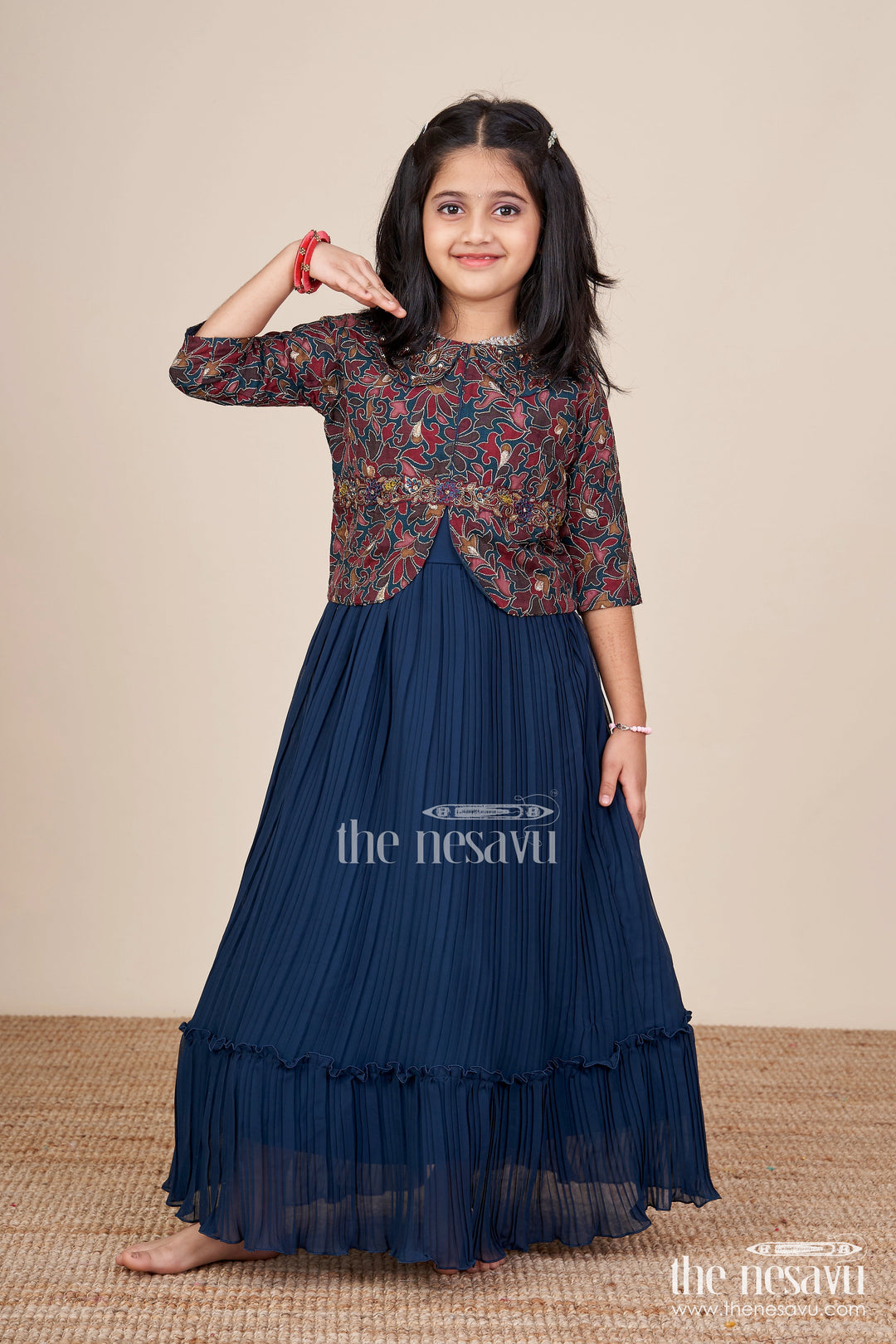 The Nesavu Girls Party Gown Girls Georgette Party Gown with Embroidered Designer Jacket Nesavu 24 (5Y) / Blue GA349A-24 Nesavu girls georgette party gown embroidered jacket weddings festive occasions