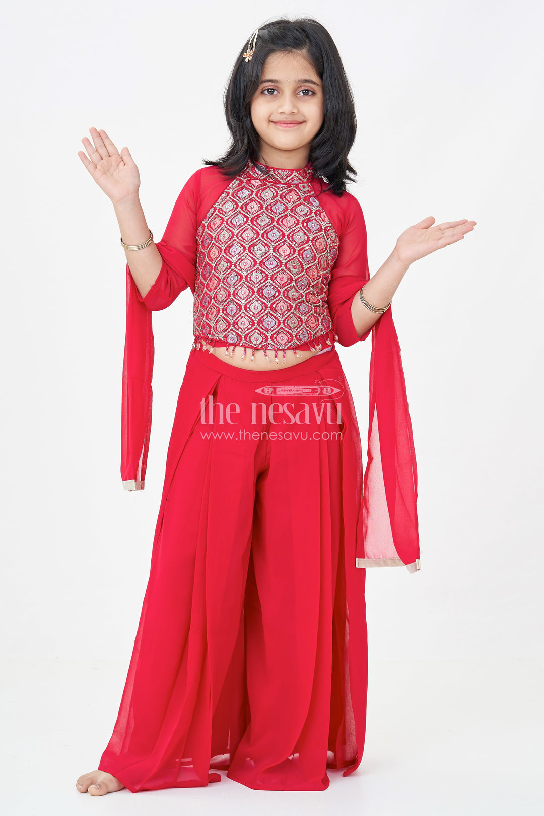 The Nesavu Girls Sharara / Plazo Set Girls Georgette Sharara Design with Embroidered Yoke and Layered Palazzo Set in Deep Maroon Nesavu Girls Georgette Sharara Design Maroon Embroidered Yoke Palazzo Pants | The Nesavu