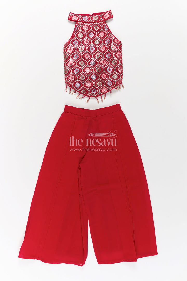 The Nesavu Girls Sharara / Plazo Set Girls Georgette Sharara Design with Embroidered Yoke and Layered Palazzo Set in Deep Maroon Nesavu Girls Georgette Sharara Design Maroon Embroidered Yoke Palazzo Pants | The Nesavu