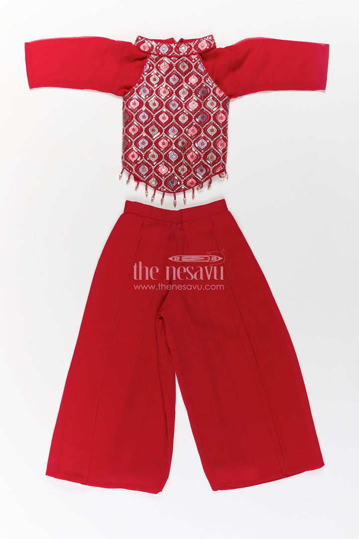 The Nesavu Girls Sharara / Plazo Set Girls Georgette Sharara Design with Embroidered Yoke and Layered Palazzo Set in Deep Maroon Nesavu Girls Georgette Sharara Design Maroon Embroidered Yoke Palazzo Pants | The Nesavu