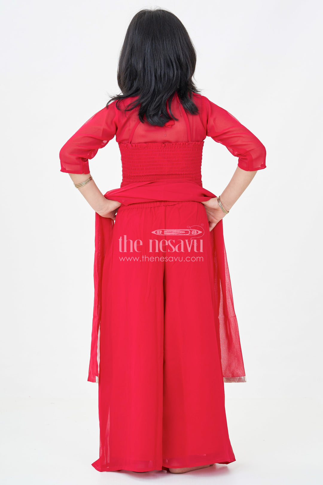 The Nesavu Girls Sharara / Plazo Set Girls Georgette Sharara Design with Embroidered Yoke and Layered Palazzo Set in Deep Maroon Nesavu Girls Georgette Sharara Design Maroon Embroidered Yoke Palazzo Pants | The Nesavu