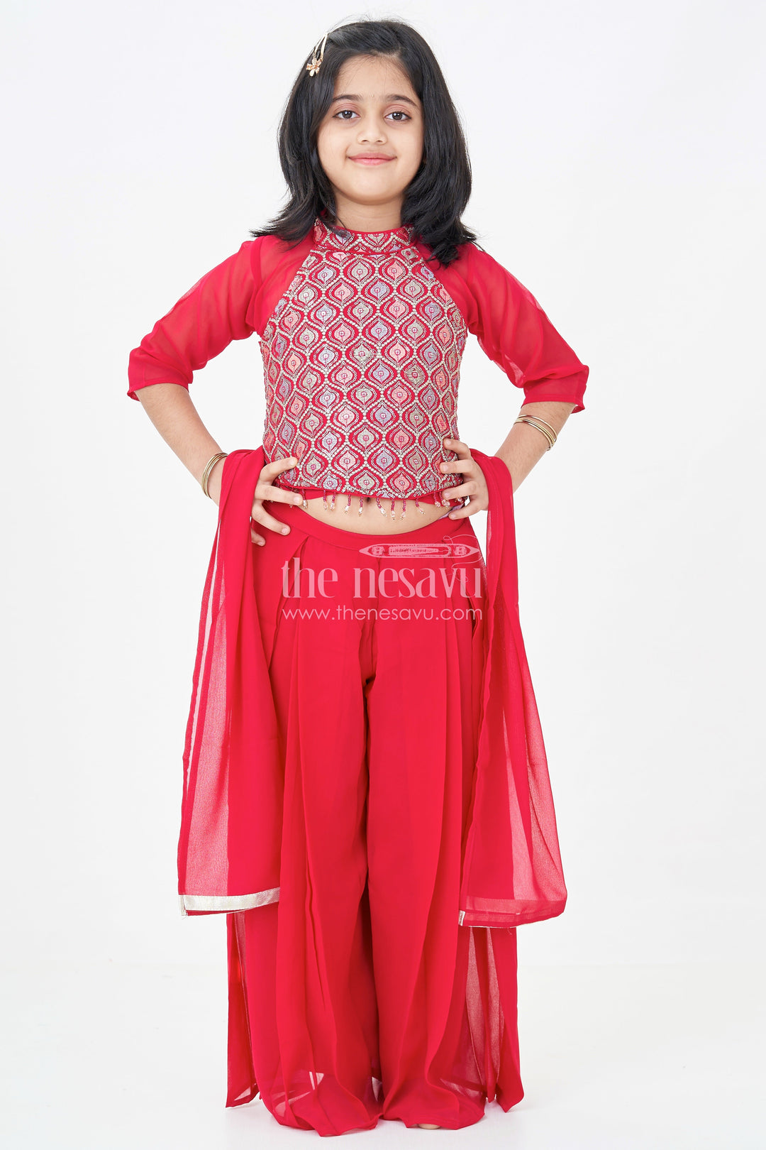 The Nesavu Girls Sharara / Plazo Set Girls Georgette Sharara Design with Embroidered Yoke and Layered Palazzo Set in Deep Maroon Nesavu Girls Georgette Sharara Design Maroon Embroidered Yoke Palazzo Pants | The Nesavu