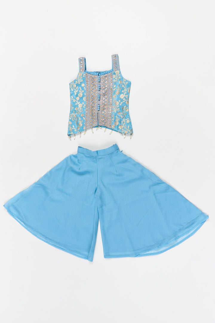 The Nesavu Girls Sharara / Plazo Set Girls Georgette Sharara Set with Embroidered Yoke for Family Functions Nesavu 18 (2Y) / Blue / Georgette GPS955A-18 Nesavu girls sharara set with embroidered sleeveless yoke and dupatta – perfect for mehendi and school ethnic days