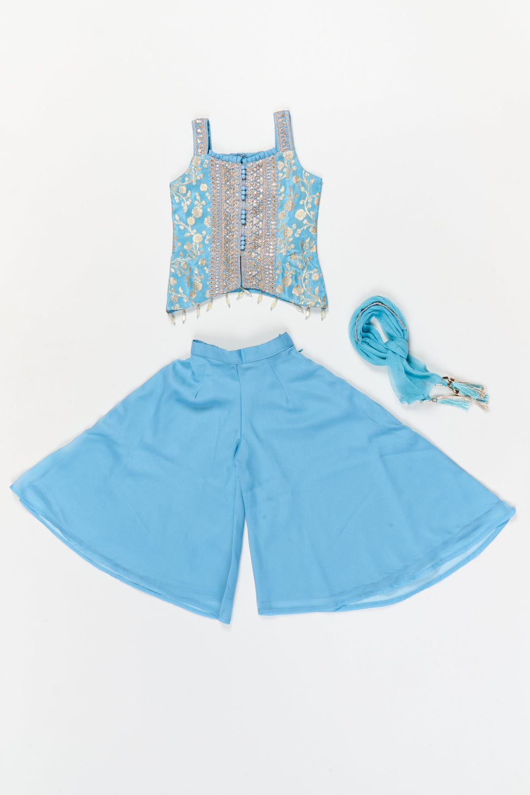 The Nesavu Girls Sharara / Plazo Set Girls Georgette Sharara Set with Embroidered Yoke for Family Functions Nesavu Nesavu girls sharara set with embroidered sleeveless yoke and dupatta – perfect for mehendi and school ethnic days