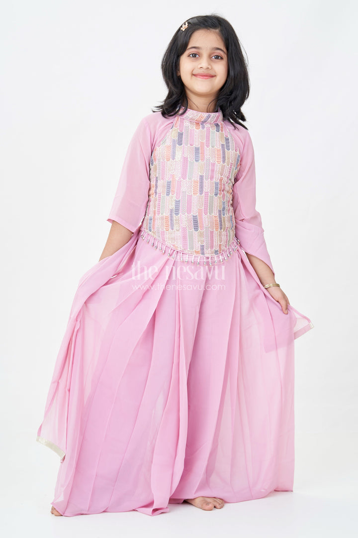 The Nesavu Girls Sharara / Plazo Set Girls Georgette Sharara Suit in Mauve with Embroidered Yoke and Palazzo Pants Set Nesavu 18 (2Y) / Pink GPS621A-18 Girls Georgette Sharara Suit Mauve Thread Embroidery Yoke Palazzo Dupatta Set | The Nesavu