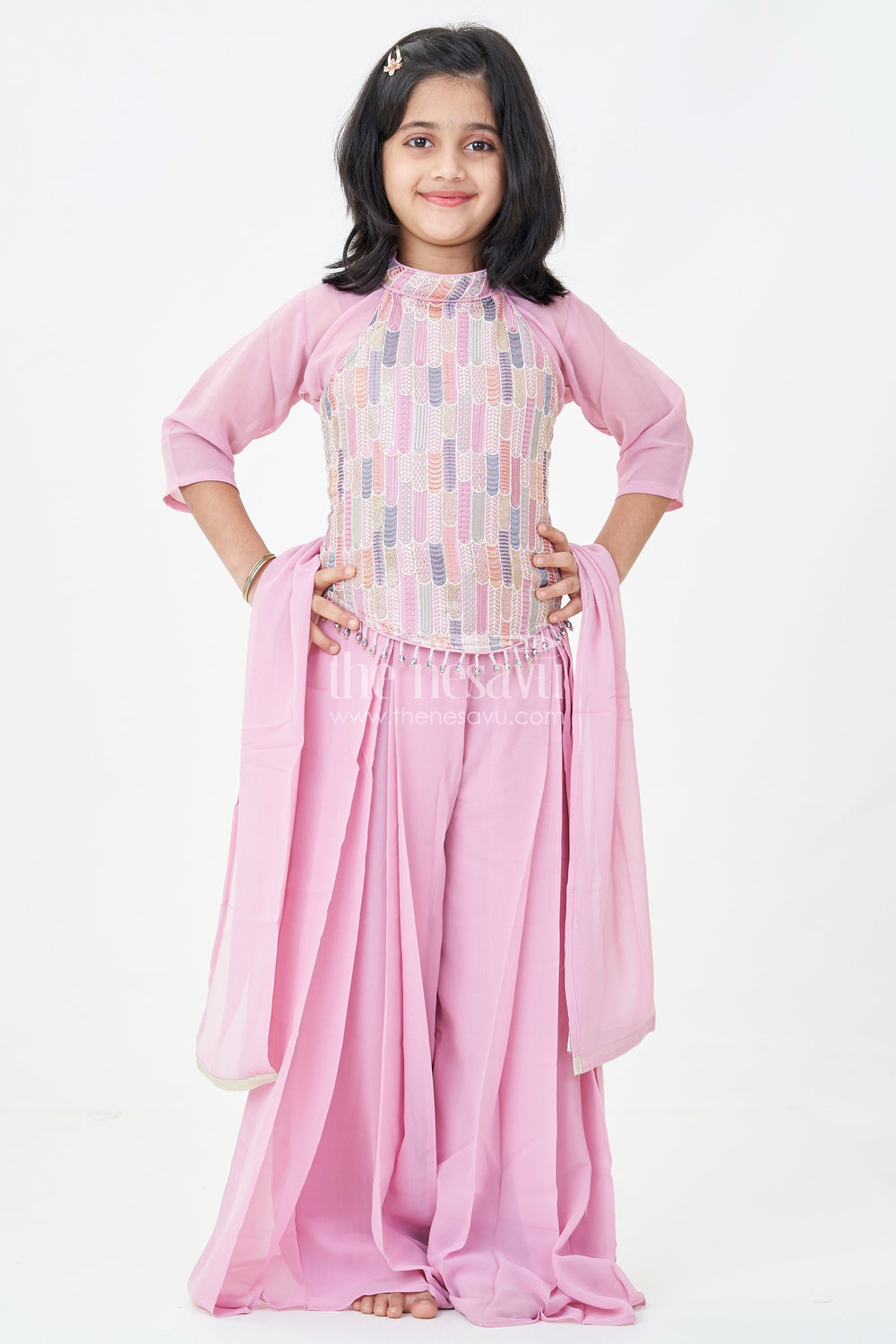 The Nesavu Girls Sharara / Plazo Set Girls Georgette Sharara Suit in Mauve with Embroidered Yoke and Palazzo Pants Set Nesavu Girls Georgette Sharara Suit Mauve Thread Embroidery Yoke Palazzo Dupatta Set | The Nesavu