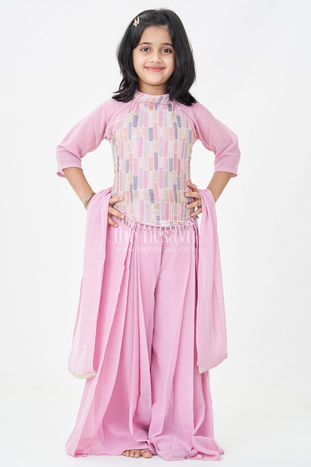 The Nesavu Girls Sharara / Plazo Set Girls Georgette Sharara Suit in Mauve with Embroidered Yoke and Palazzo Pants Set Nesavu Girls Georgette Sharara Suit Mauve Thread Embroidery Yoke Palazzo Dupatta Set | The Nesavu