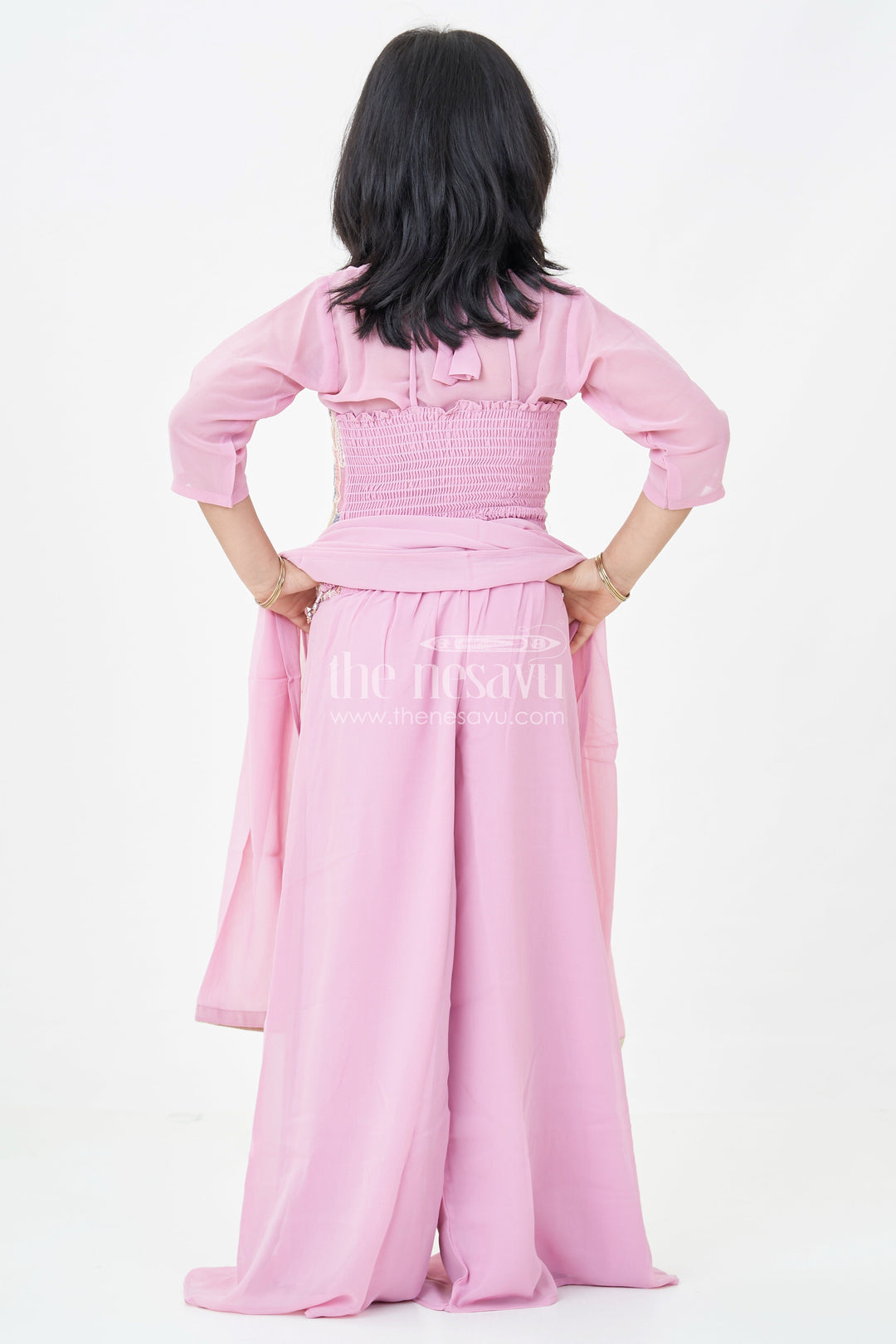 The Nesavu Girls Sharara / Plazo Set Girls Georgette Sharara Suit in Mauve with Embroidered Yoke and Palazzo Pants Set Nesavu Girls Georgette Sharara Suit Mauve Thread Embroidery Yoke Palazzo Dupatta Set | The Nesavu