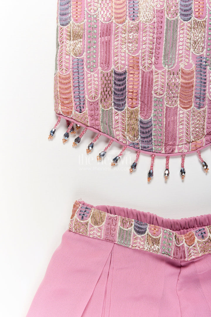 The Nesavu Girls Sharara / Plazo Set Girls Georgette Sharara Suit in Mauve with Embroidered Yoke and Palazzo Pants Set Nesavu Girls Georgette Sharara Suit Mauve Thread Embroidery Yoke Palazzo Dupatta Set | The Nesavu
