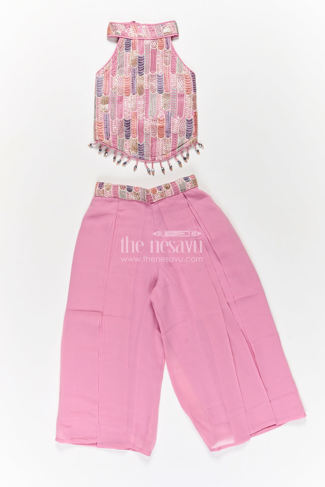 The Nesavu Girls Sharara / Plazo Set Girls Georgette Sharara Suit in Mauve with Embroidered Yoke and Palazzo Pants Set Nesavu Girls Georgette Sharara Suit Mauve Thread Embroidery Yoke Palazzo Dupatta Set | The Nesavu