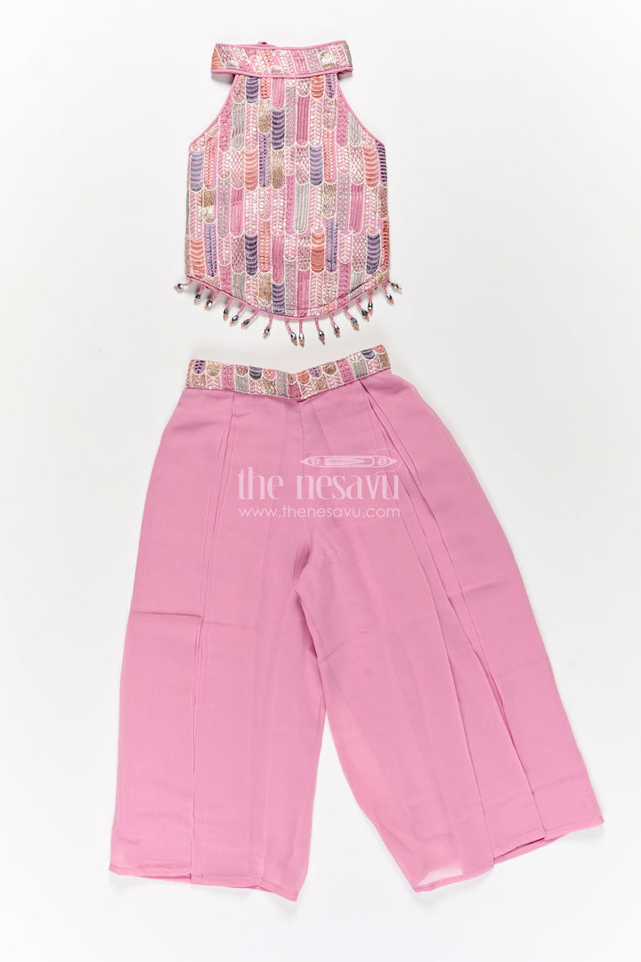 The Nesavu Girls Sharara / Plazo Set Girls Georgette Sharara Suit in Mauve with Embroidered Yoke and Palazzo Pants Set Nesavu Girls Georgette Sharara Suit Mauve Thread Embroidery Yoke Palazzo Dupatta Set | The Nesavu