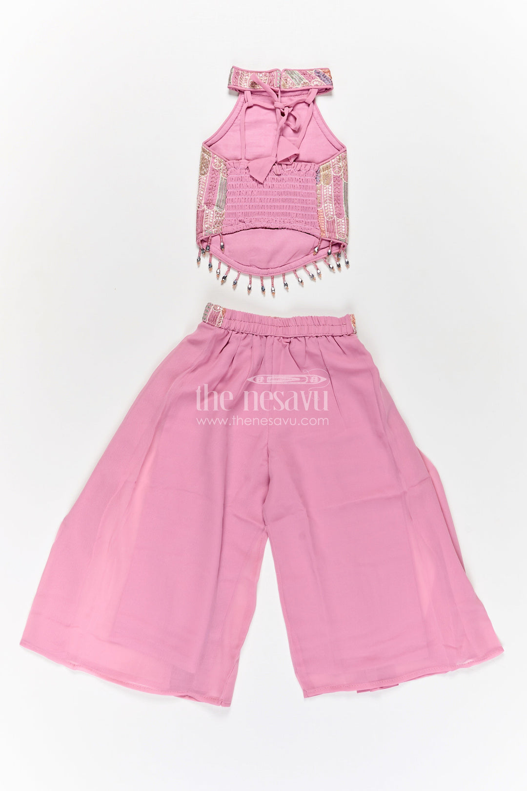 The Nesavu Girls Sharara / Plazo Set Girls Georgette Sharara Suit in Mauve with Embroidered Yoke and Palazzo Pants Set Nesavu Girls Georgette Sharara Suit Mauve Thread Embroidery Yoke Palazzo Dupatta Set | The Nesavu