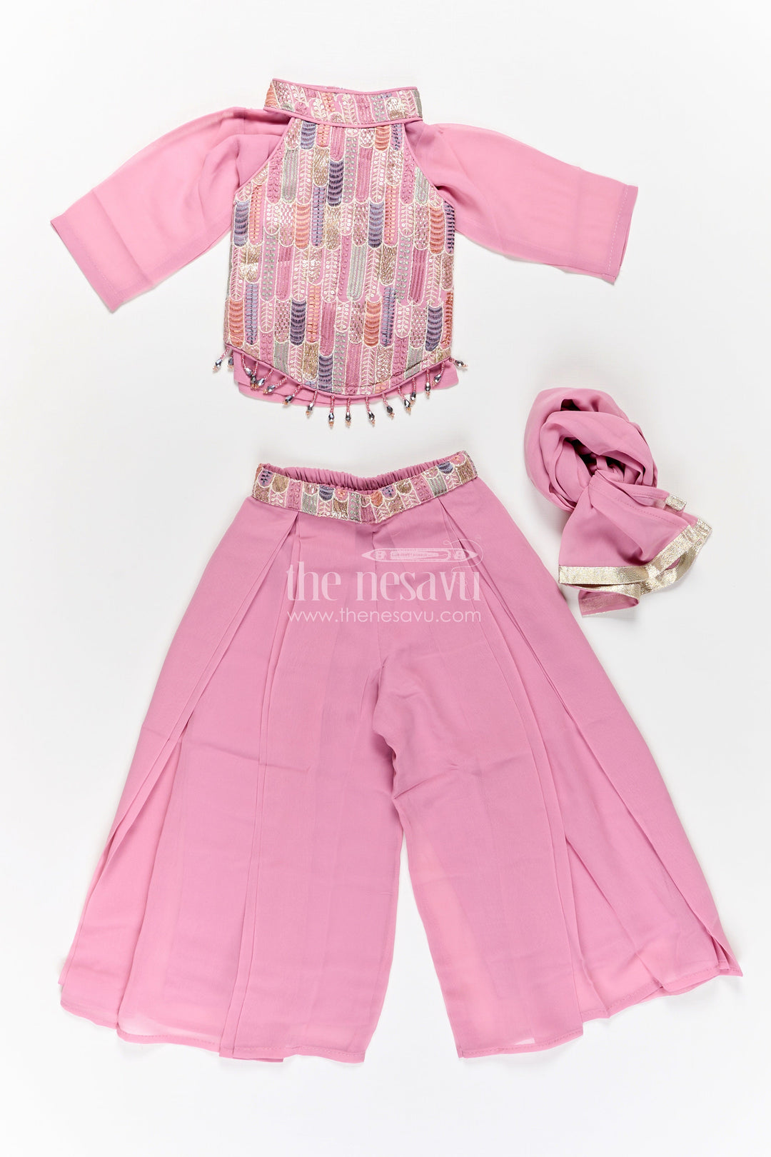 The Nesavu Girls Sharara / Plazo Set Girls Georgette Sharara Suit in Mauve with Embroidered Yoke and Palazzo Pants Set Nesavu Girls Georgette Sharara Suit Mauve Thread Embroidery Yoke Palazzo Dupatta Set | The Nesavu