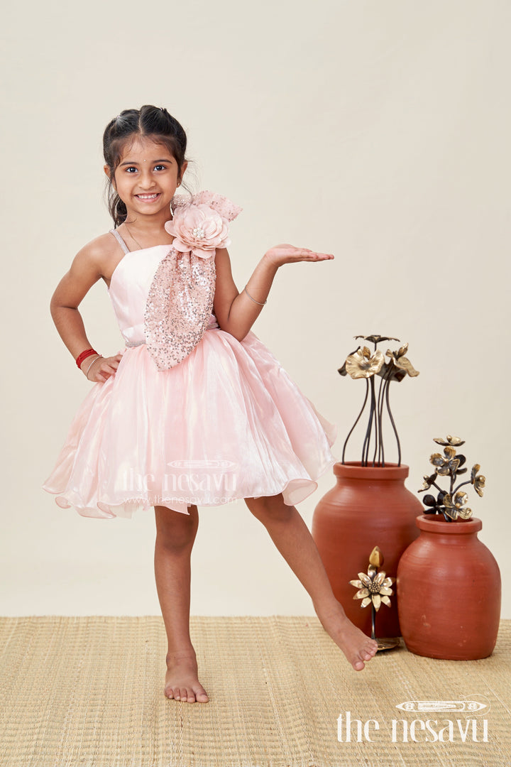 The Nesavu Girls Fancy Party Frock Girls Glaze Organza Latest Frock Model in Peach with Sequin Embellishment and 3D Floral Design Nesavu 16 (1Y) / Peach PF224A-16 Nesavu Peach Glaze Organza Frock Sequin 3D Floral Detail latest frock model Girls