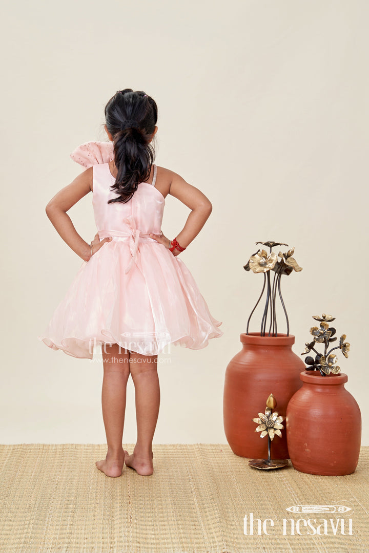 The Nesavu Girls Fancy Party Frock Girls Glaze Organza Latest Frock Model in Peach with Sequin Embellishment and 3D Floral Design Nesavu Nesavu Peach Glaze Organza Frock Sequin 3D Floral Detail latest frock model Girls