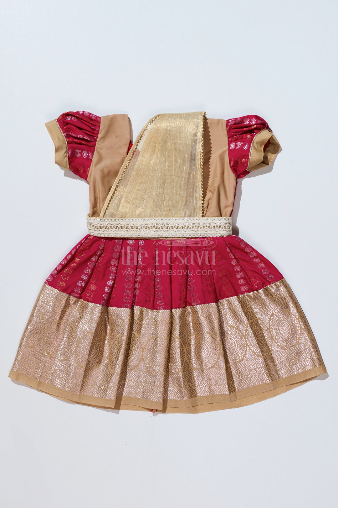 The Nesavu Girls Kanchi Silk Frock Girls Gold and Red Pattu Pavadai with Intricate Zari Border and Elegant Pleated Design Nesavu 14 (6M) / Gold / Style 3 SF843CC-14 Girls Gold Red Pattu Pavadai Intricate Zari Border Elegant Pleated Design | The Nesavu