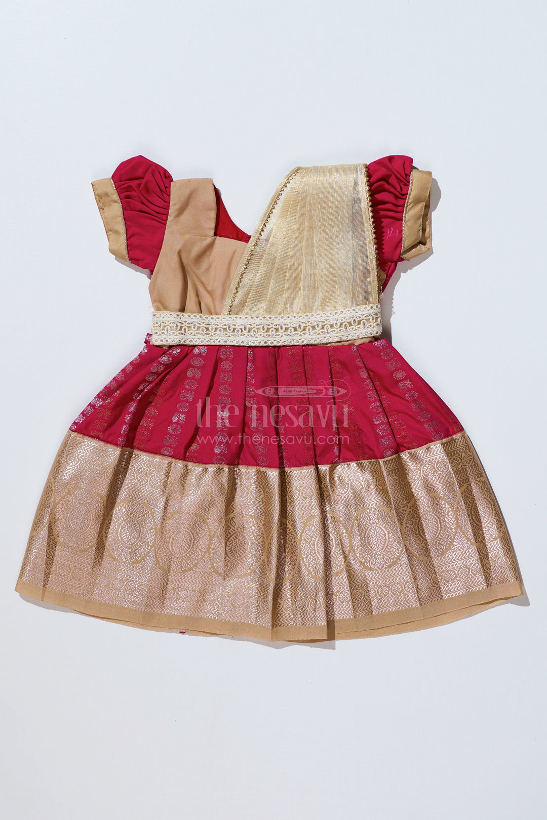 The Nesavu Girls Kanchi Silk Frock Girls Gold and Red Pattu Pavadai with Intricate Zari Border and Elegant Pleated Design Nesavu 14 (6M) / Gold / Style 4 SF843CD-14 Girls Gold Red Pattu Pavadai Intricate Zari Border Elegant Pleated Design | The Nesavu